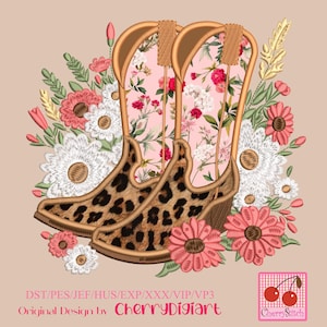 May include: An embroidered design featuring a pair of cowboy boots with a leopard print pattern on the lower portion. The boots have a floral pattern on the upper part and are surrounded by embroidered flowers in shades of pink, white, and peach. The design includes text that reads "CherryDigiart".