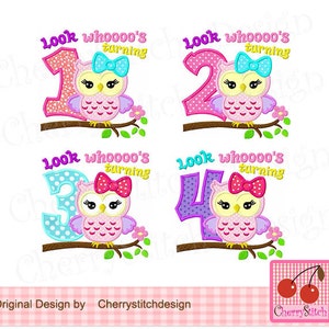 Look whoooo's turning 1-4, Birthday owl Machine Embroidery Design-4x4 5x5 6x6 inch