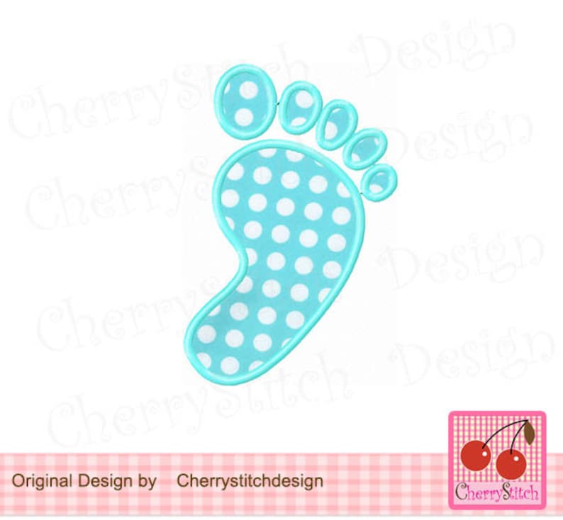 May include: A light blue baby footprint with white polka dots. The footprint is outlined in a darker blue.