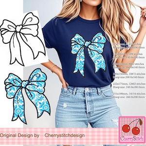May include: A blue and white floral bow embroidery design with different hoop sizes and stitch counts listed. The design is shown on a blue t-shirt and a white background.
