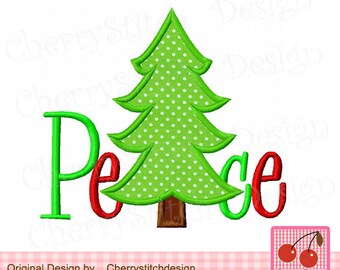 May include: Green Christmas tree with white polka dots and the word "Peace" in red and green letters.