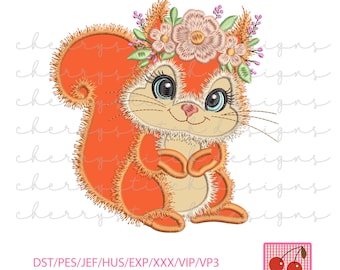 Floral Squirrel Applique Machine Embroidery Design (Instant Download)