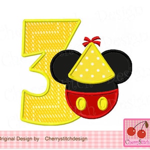 Birthday Embroidery Mickey Number 3 Machine embroidery applique