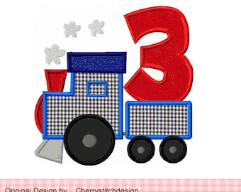 Train number 3 Transportation Birthday Machine Embroidery Applique Design BIR0045 -4x4 5x5 6x6 inch