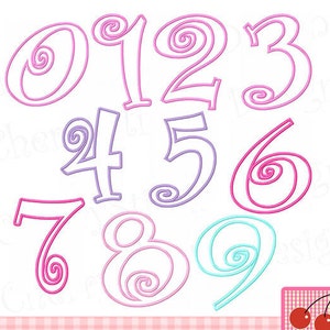 May include: A set of ten whimsical numbers with a swirl design in pink, purple, and blue colors. The numbers are outlined in black and are perfect for crafting projects.