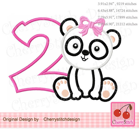 Panda Number 2, Panda Birthday Number 2 Machine Embroidery