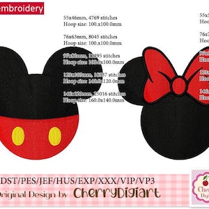 May include: Machine embroidery design of Mickey Mouse and Minnie Mouse heads. The design includes Mickey Mouse's signature red shorts and yellow circles, and Minnie Mouse's signature red bow. The design is available in multiple sizes, with the largest size being 146x120mm and requiring a 160.0x140.0mm hoop.