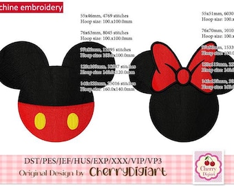 Op de afbeelding: Machine borduurontwerp van Mickey Mouse en Minnie Mouse. Het ontwerp bevat Mickey Mouse's kenmerkende rode broek en gele cirkels, en Minnie Mouse's kenmerkende rode strik. Het ontwerp is verkrijgbaar in verschillende maten, waarbij de grootste maat 146x120 mm is en een ring van 160,0x140,0 mm vereist.