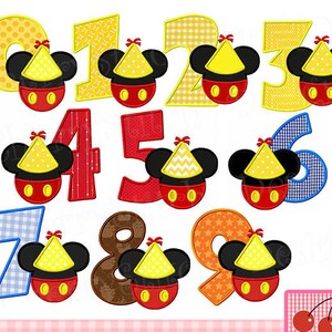 May include: A set of ten colorful embroidered iron-on patches featuring Mickey Mouse ears and a party hat. Each patch includes a number from 0 to 9.