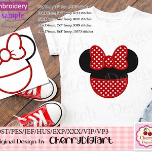 May include: Machine embroidery applique design of a red and white polka dot Minnie Mouse head with a black bow. The design is shown on a white t-shirt and a white fabric sample. The text "DST/PES/JEF/HUS/EXP/XXX/VIP/VP3 Original Design by CherryDigiart" is at the bottom of the image.