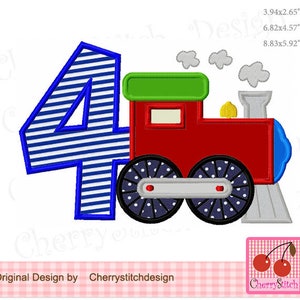 May include: A blue and white striped number four with a red, green, and blue toy train behind it. The train has white polka dots on the wheels and a gray smoke stack.