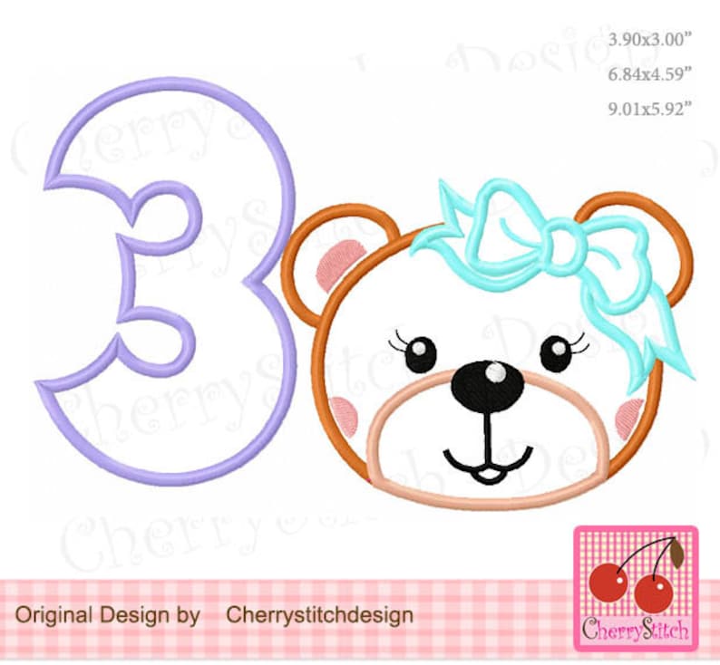 Number 3 Cute Teddy Embroidery Number 3 Cute Teddy Embroidery