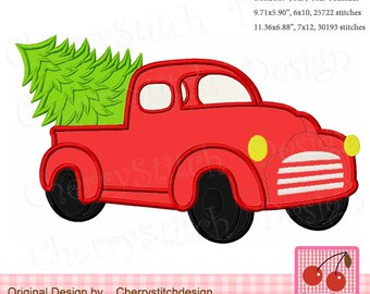 Christmas Red Truck with Tree Machine Embroidery Applique (4x4-7x12)