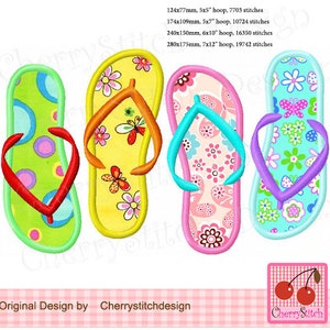 May include: Four colorful embroidered flip-flop designs with floral and butterfly patterns. The designs are available in four sizes: 5x5 inches, 5x7 inches, 6x10 inches, and 7x12 inches.