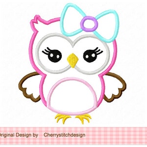 Owl with bow Machine Embroidery Applique Design image 2