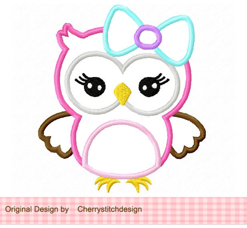 Owl with bow Machine Embroidery Applique Design image 2