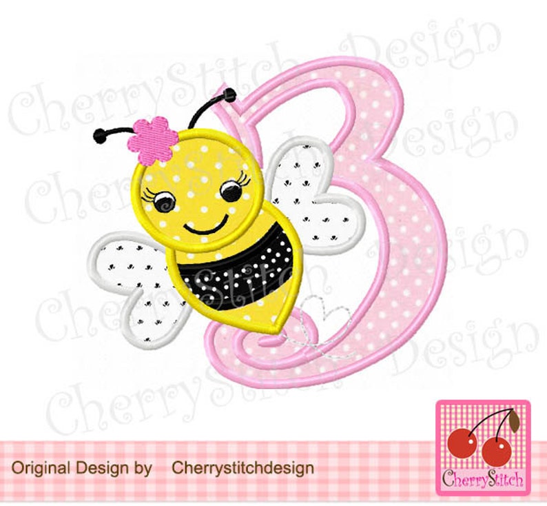 4x4 5x5 6x6 Bumble Bee Number 3 Birthday Machine Embroidery Applique Design