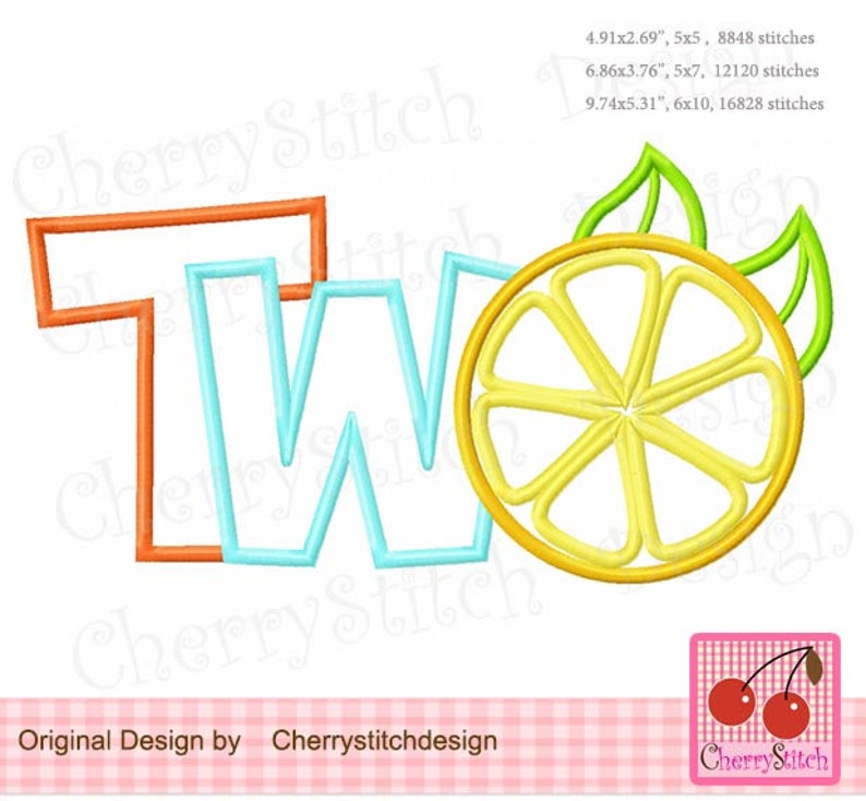 May include: Embroidered design of the word "TWO" in blue and orange with a yellow lemon slice and green leaves. The design is suitable for embroidery projects.