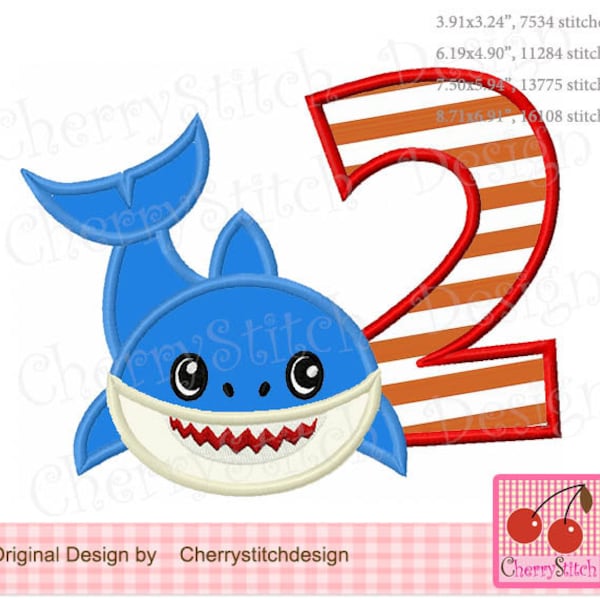 Shark applique Shark Boy  Birthday number 2 Machine Embroidery Applique BIR75