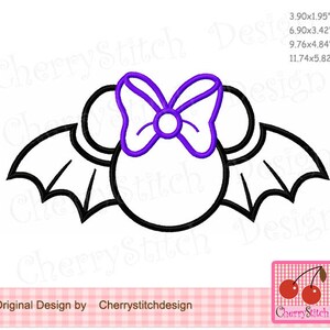 May include: A black and purple bat-themed design featuring a Minnie Mouse-inspired silhouette with bat wings and a purple bow. The design includes the text "Original Design by Cherrystitchdesign" and measurements in inches.