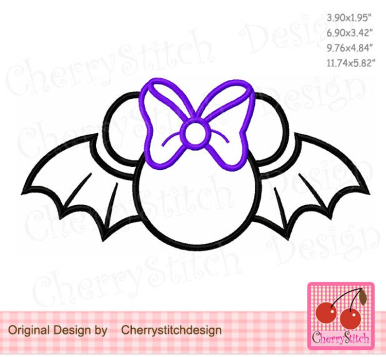 May include: A black and purple bat-themed design featuring a Minnie Mouse-inspired silhouette with bat wings and a purple bow. The design includes the text "Original Design by Cherrystitchdesign" and measurements in inches.