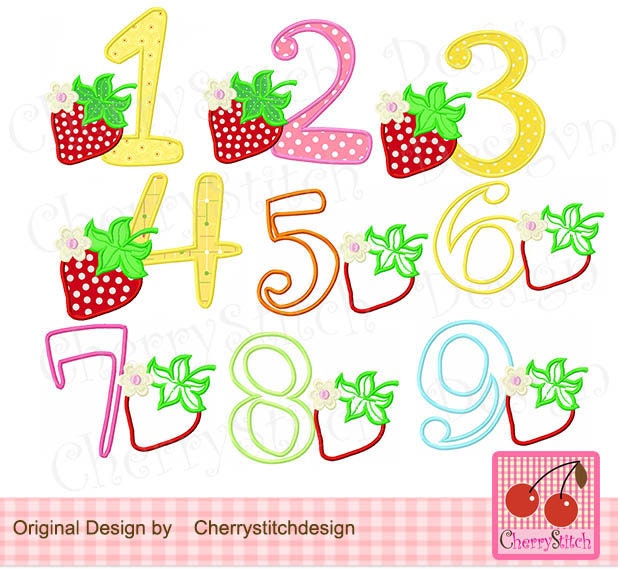 Strawberry numbers 1-9 set Birthday numbers Machine Embroidery Applique