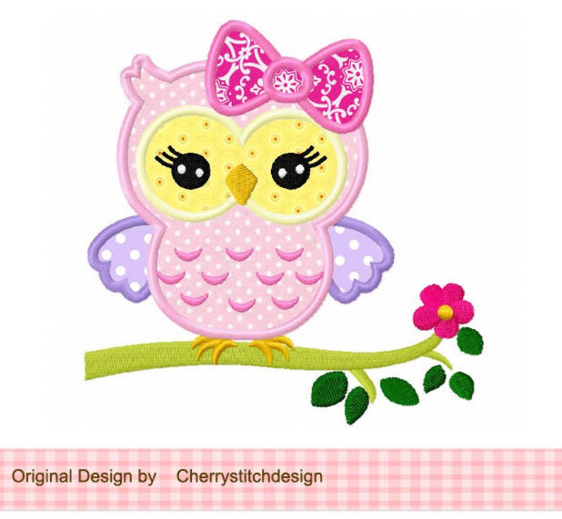 Owl applique Girly owl Machine Embroidery Applique image 1