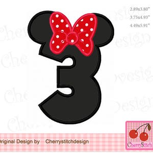 Number 3 Minnie Mouse Ears Embroidery Applique Design (Digital Download)