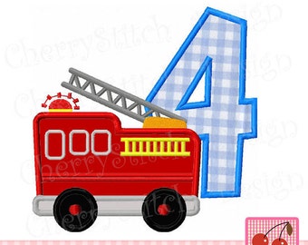 Fire Truck number 4 Birthday Machine Embroidery Applique Design