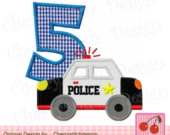 May include: Embroidered design of a blue and white checkered number five with a white police car with a yellow star and the word "POLICE" on the side.
