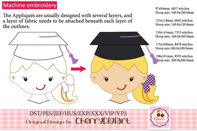 Girls Graduation Patterns Graduation Cap Embroidery Pattern - Bean Stitch Boy and Girl Applique ...