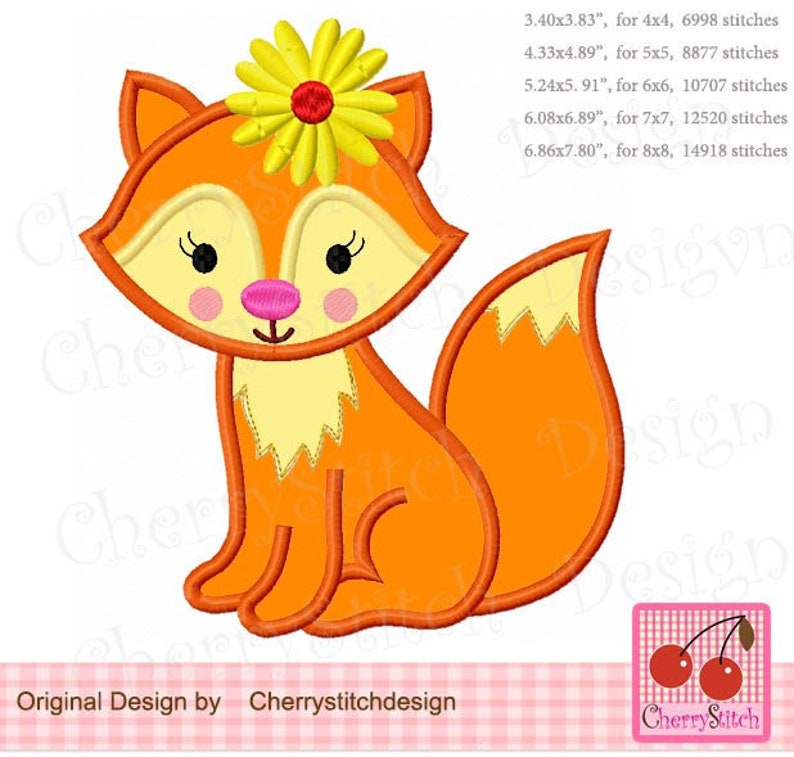 Spring Jungle Animal Machine Embroidery Applique Design AN0487 Fox Flowers Baby Fox girl