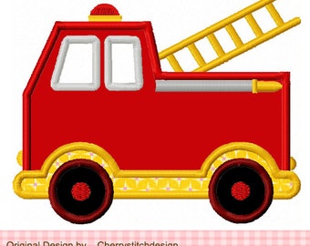 May include: A red fire truck with a yellow ladder, black wheels, and a yellow and pink patterned trim. The truck has two windows and a red light on top.