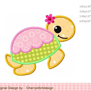 May include: A cute cartoon turtle with a pink shell, green spots, and a pink flower on its head. The turtle is outlined in yellow and has a happy expression.