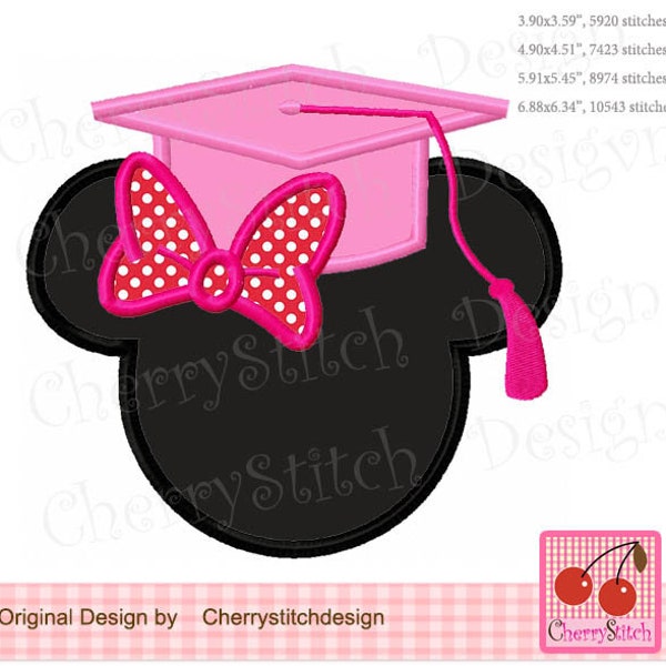 Graduation Embroidery, Graduation cap Minnie Machine Embroidery Applique SCH069