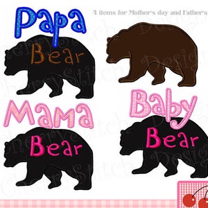 Op de afbeelding: Vier borduurmotieven met een beren silhouet met tekst erboven. De motieven zijn "Papa Beer", "Mama Beer", "Baby Beer" en een bruine beer zonder tekst.