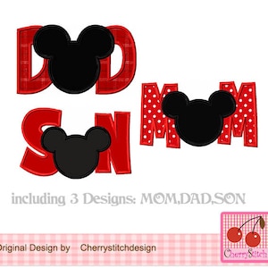 Mouse MOM,DAD and SON Digital Appliques,Mouse ears designs for Mother&#39;s Day and Father&#39;s Day,Mickey design -4x4 5x5 6x6 inch