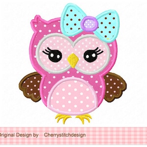 Owl with bow Machine Embroidery Applique Design image 1