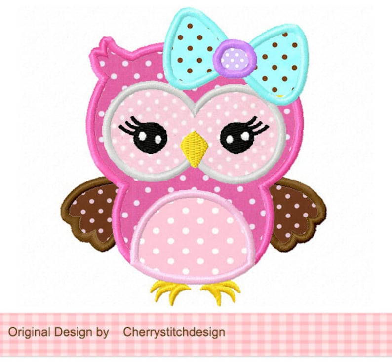 Owl with bow Machine Embroidery Applique Design image 1