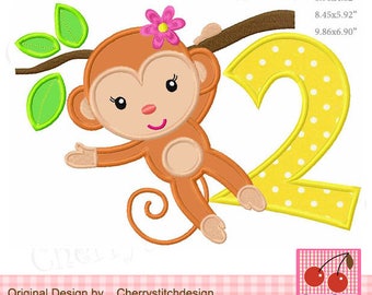 Monkey embroidery Birthday Number 2 Machine Applique  BIR0163
