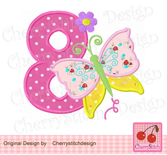 Butterfly Number 8 Birthday Embroidery Applique 4x4 5x5