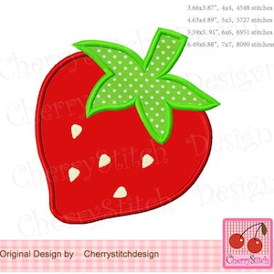 Może przedstawiać: Wzór haftu czerwonej truskawki z zielonym liściem i białymi kropkami. Wzór jest dostępny w różnych rozmiarach, od 4x4 cali do 7x7 cali.