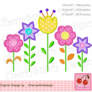 May include: Five colorful embroidered flower designs with green stems and leaves. The flowers are a yellow tulip, a pink flower with white polka dots, a purple flower with a blue center, and two more purple flowers with white centers. The designs are for embroidery machines and are available in three sizes: 6.85x4.85 inches, 8.34x5.91 inches, and 9.73x6.89 inches.