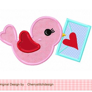 Diseño de aplique para bordado a máquina de pájaro para el día de San Valentín