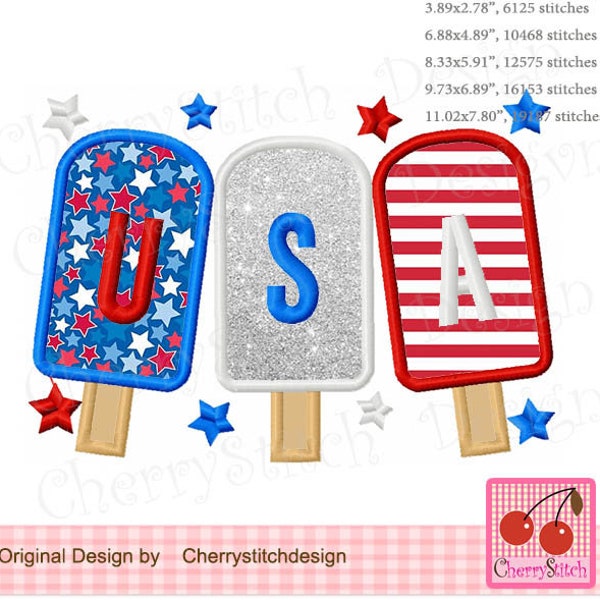 4th of July USA Popsicles Machine Embroidery Applique Design JULY0042