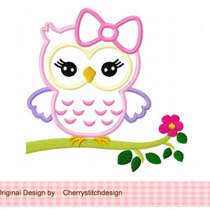 Owl applique Girly owl Machine Embroidery Applique image 2