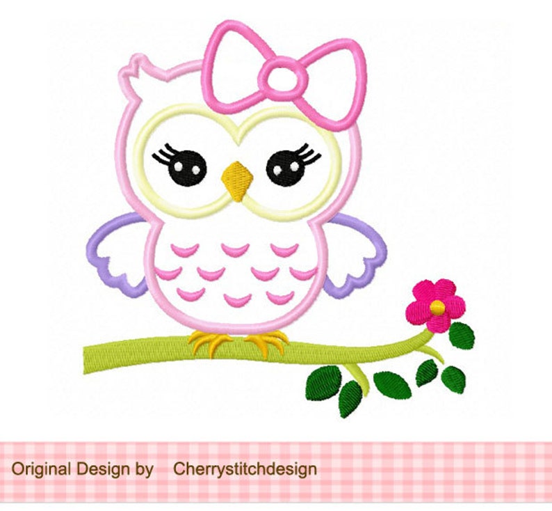 Owl applique Girly owl Machine Embroidery Applique image 2