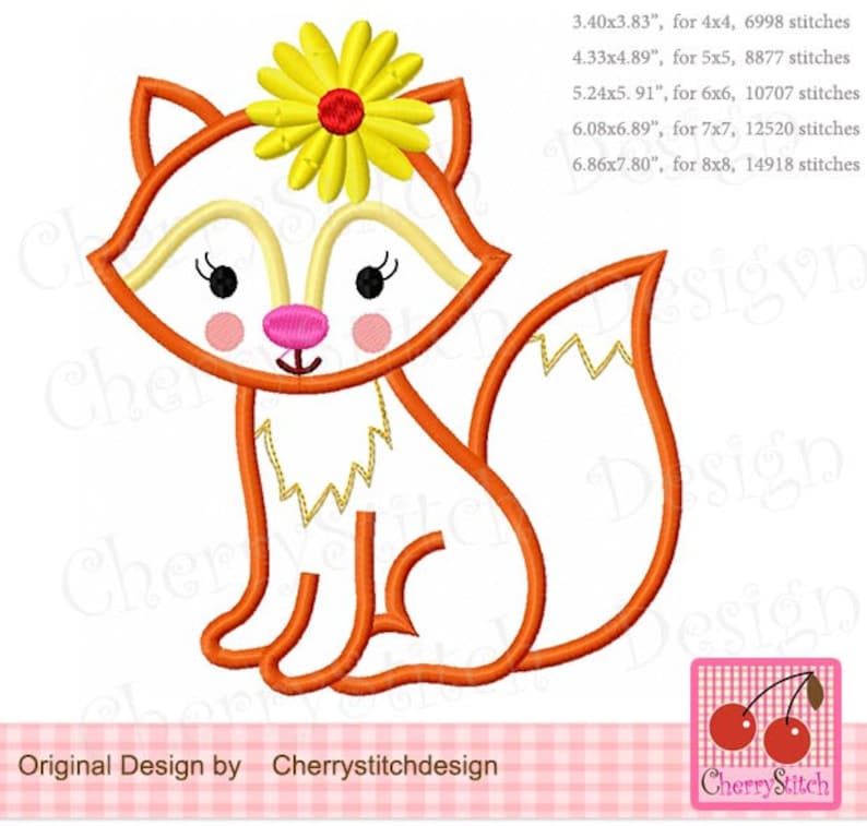 Spring Jungle Animal Machine Embroidery Applique Design AN0487 Fox Flowers Baby Fox girl