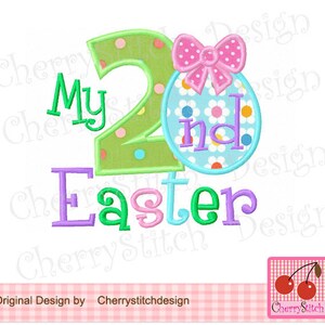 May include: A colorful graphic design for a second Easter celebration. The design features the words "My 2nd Easter" in various colors and fonts, with a polka-dotted number 2 and an Easter egg with a bow.