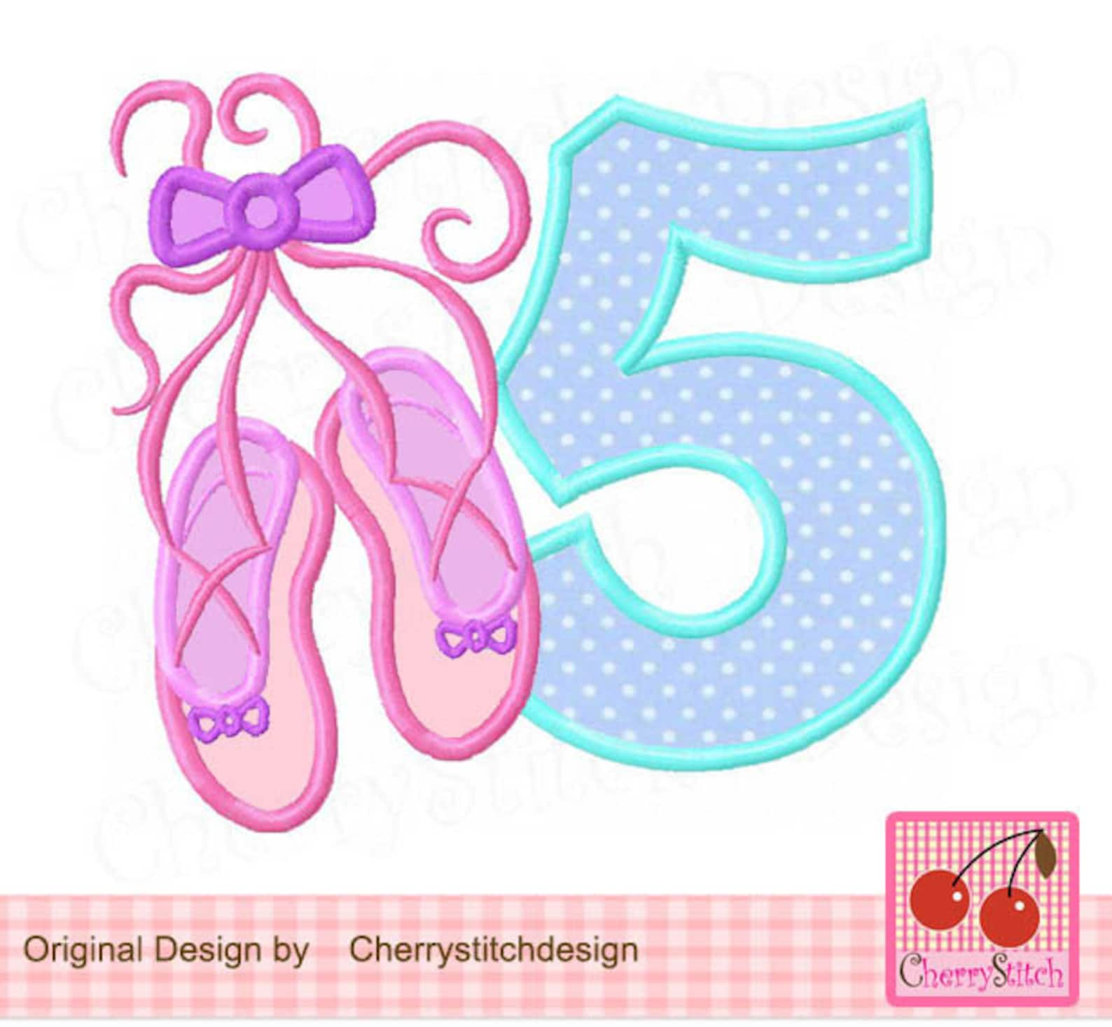 ballet shoes number 5 birthday machine embroidery applique design-4x4,5x5,6x6 inch